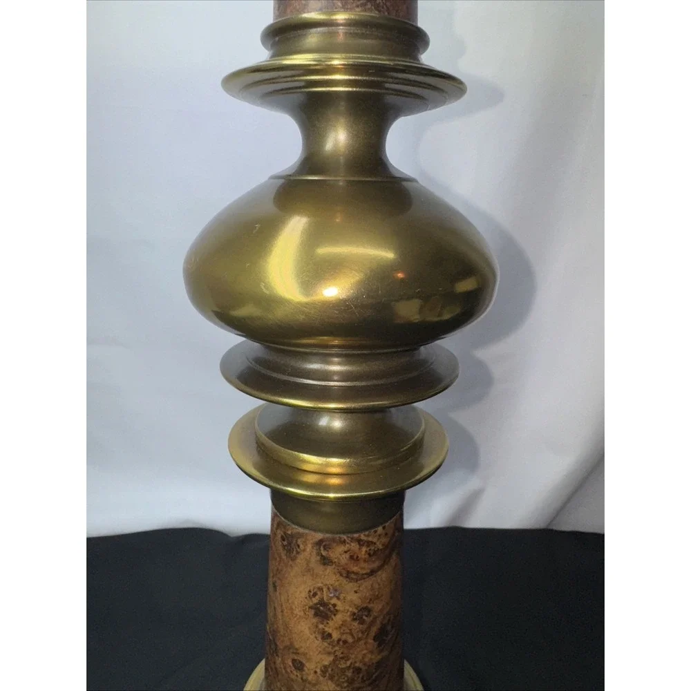 Vintage Solid Brass Table Lamp Pair Hollywood Regency Faux‎ Wood Accent Lighting